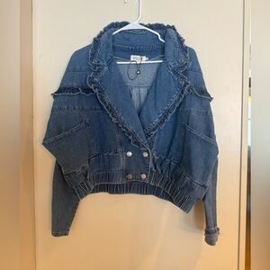 Molly Bracken Blue Denim Ruffled Cropped Jacket